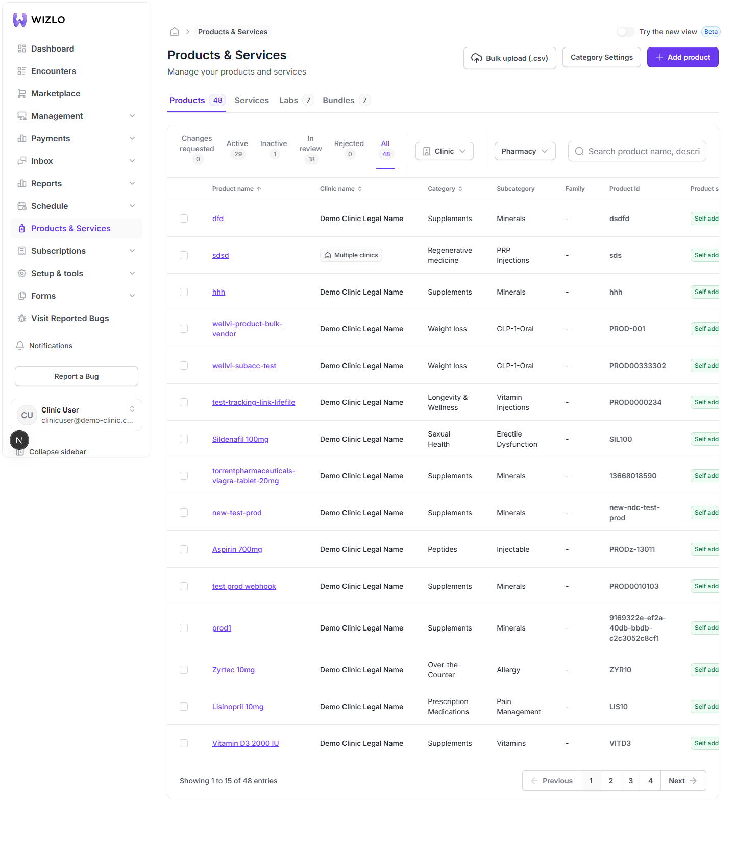 How do I change a product's status between Active and Inactive? — Step 1: On the Products tab, find the colored status pill in the Status column for an Approved (Active or Inactive) product.