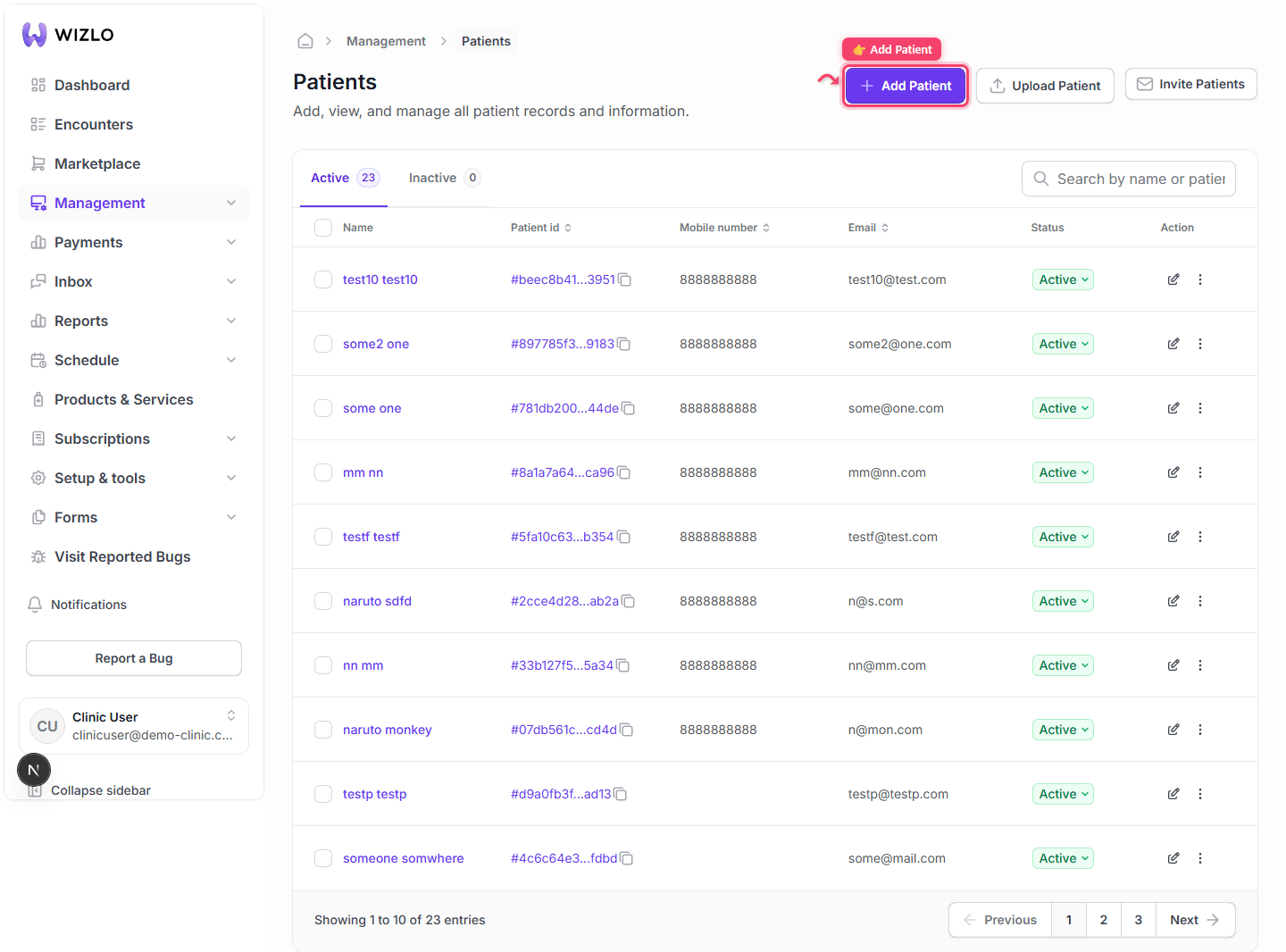 How do I add a new patient? — Step 1: Open the Patients screen (sidebar: Management → Patients, or go directly to /patients — breadcrumb reads Home > Management > Patients), then click the purple 'Add Patient' button in the top-right (next to 'Upload Patient' and 'Invite Patients'; a real <button>, not a tooltip-trigger wrapper).