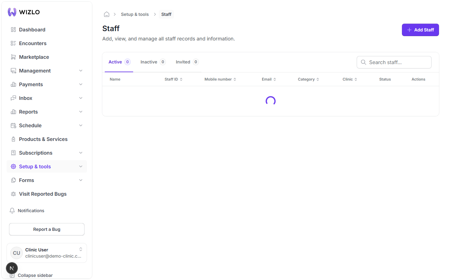 How do I add / invite a staff member? — Step 1: Go to 'Setup & tools' → 'Staff' (or navigate to /setup/staff). This route requires the 'staff' permission subject (verified live: the current test account lacks it and is redirected away, same as the Roles route).