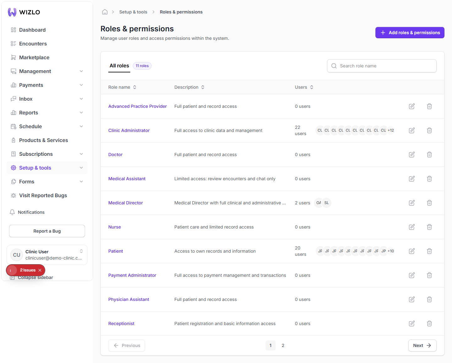 What roles exist in Wizlo? — Step 1: Go to the sidebar 'Setup & tools' section and open 'Roles & permissions' (or navigate directly to /setup/roles). This route requires the 'role' permission subject on your account — if you lack it you're silently redirected elsewhere (verified live: the seeded test account used for this check does not currently have it and was bounced to /dashboard).