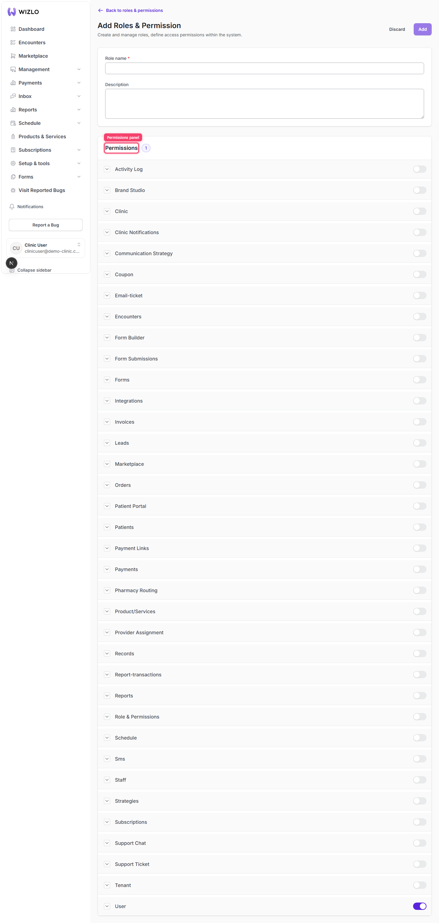 How do permissions work? — Step 1: From Roles & permissions (/setup/roles), click 'Add roles & permissions' to open the permission builder, or click an existing role's name to edit it — both show the same 'Permissions' panel with a badge counting how many subject-categories are currently enabled.