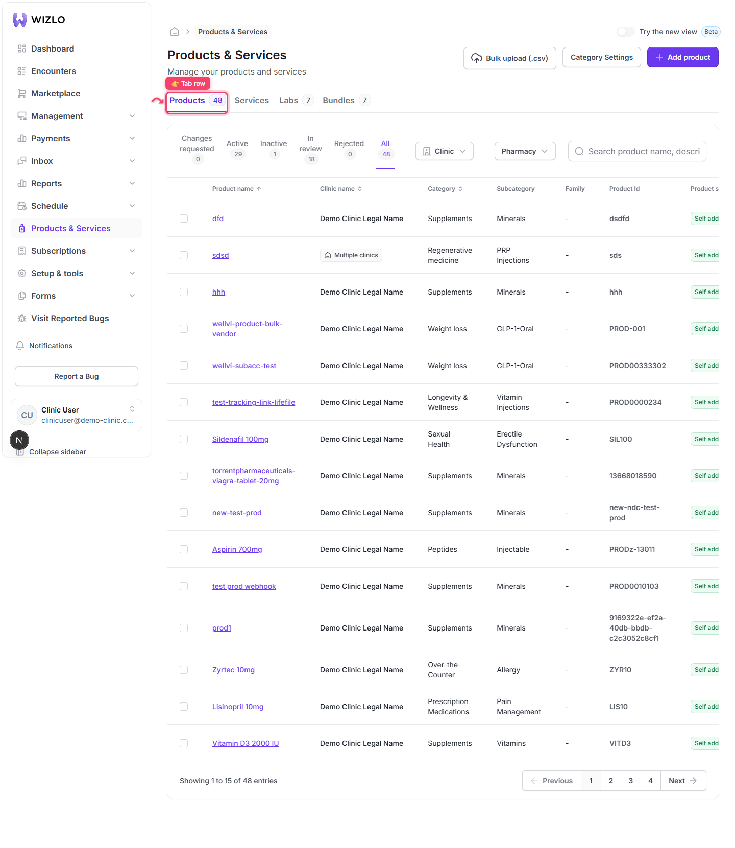 How do I switch between the Products, Services, Labs, and Bundles tabs? — Step 1: Products & Services opens on the Products tab by default — no ?tab= param at all.