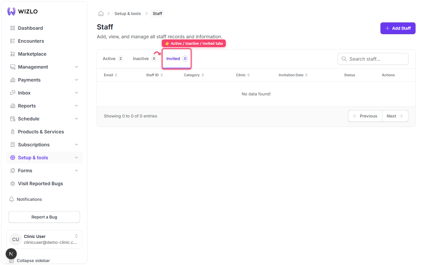 How do I resend an invite, deactivate, or delete a staff member? — Step 1: Go to 'Setup & tools' → 'Staff' (/setup/staff). Three tabs sit above the table — Active, Inactive, Invited — each with a live count badge. The selected tab is driven by the `status` query param (values active|inactive|invited read via `searchParams.get('status')`), so a tab can also be reached by opening /setup/staff?status=invited directly instead of clicking it.
