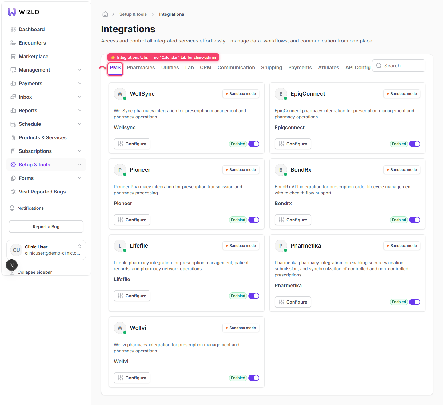 Is there a "re-sync data" button? — Step 2: Confirmed in the same file's parent, setup/integrations/page.tsx: the tab list entry `{ id: "calendar", label: "Calendar", providerNetworkOnly: true }` is filtered out entirely for non-PN tenants (`if (t.providerNetworkOnly) return isProviderNetwork;`), so a clinic admin does not see a "Calendar" tab here either — there is no path to the Sync-now button from this account at all.