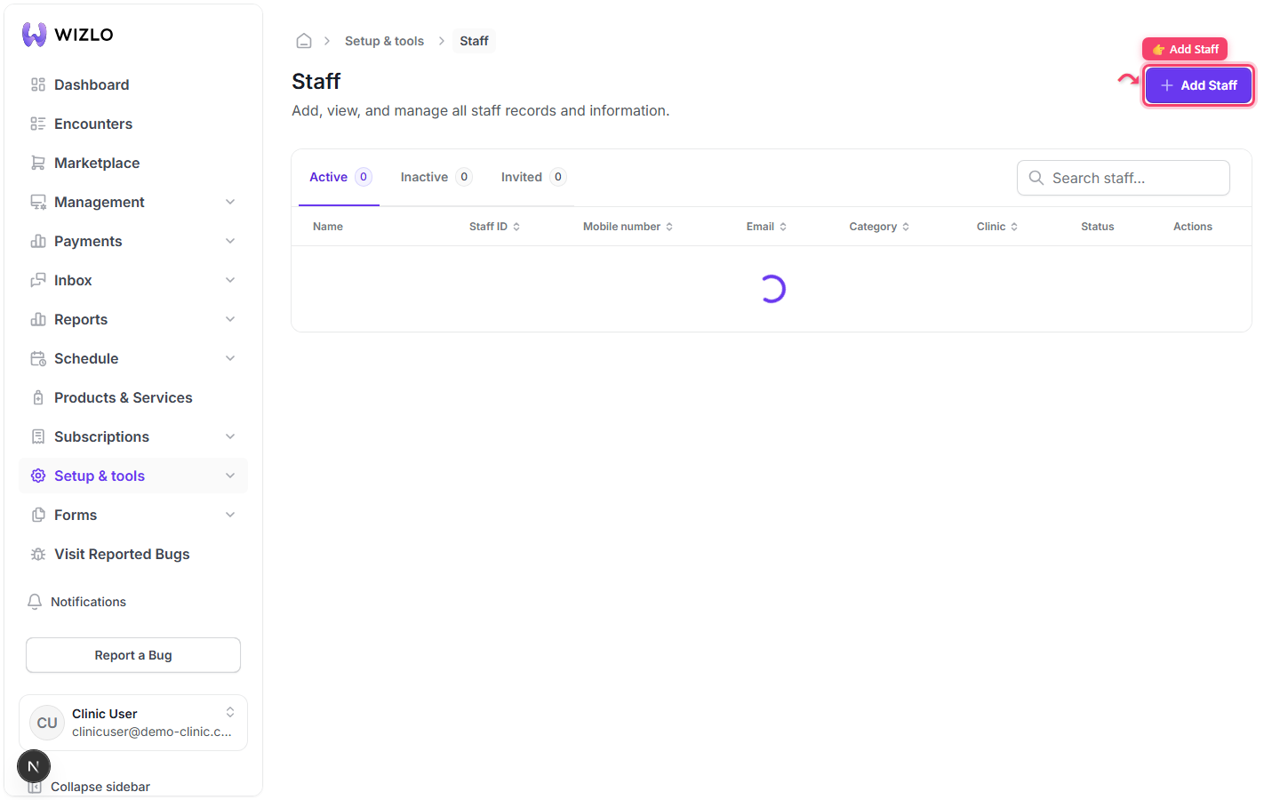 How do I add / invite a staff member? — Step 2: Click the 'Add Staff' button (top right of the page, plus-icon; only rendered when you hold the staff-create permission). This opens the 'Add Staff' modal.