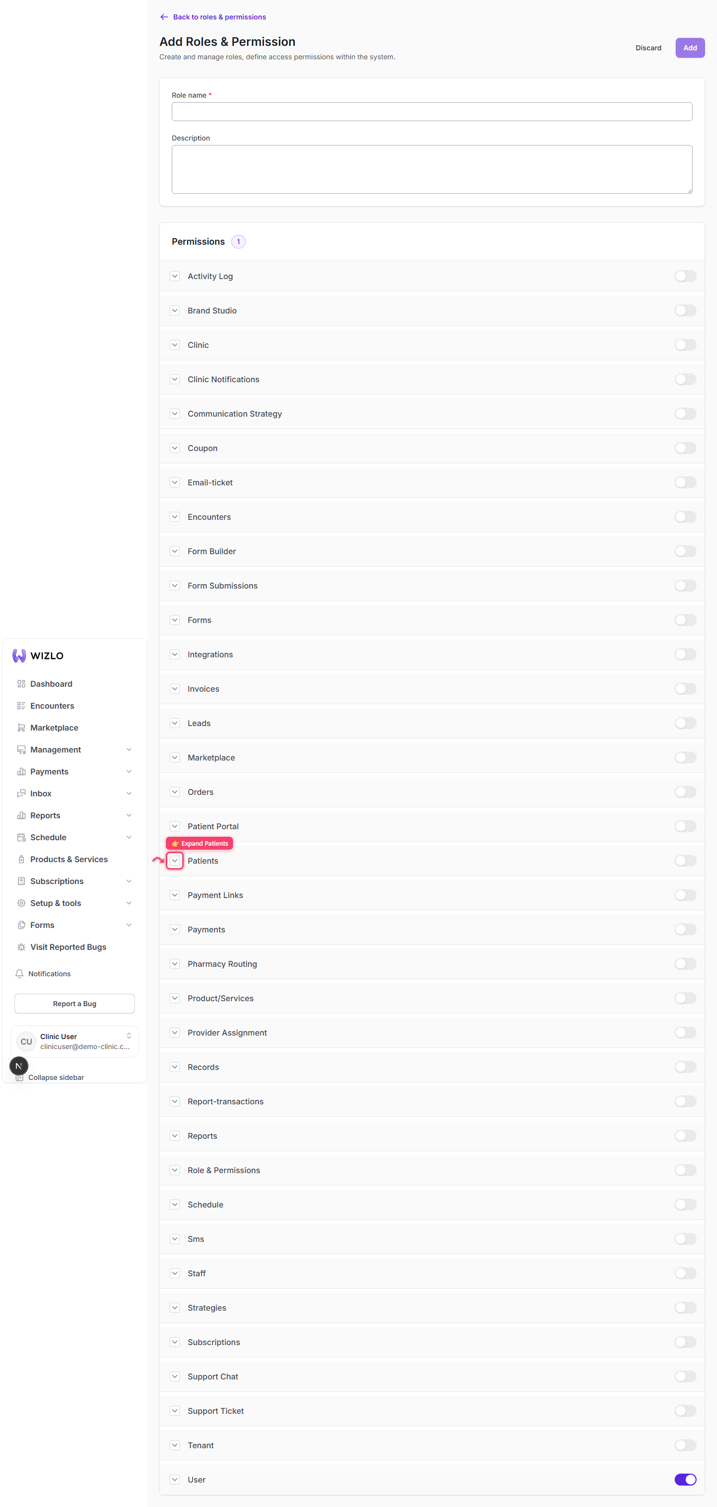 How do permissions work? — Step 2: Each row in the panel is a subject/category (e.g. Patients, Staff, Orders, Encounters). Click the chevron (˅/˄) next to its name to expand it and reveal its individual action toggles.