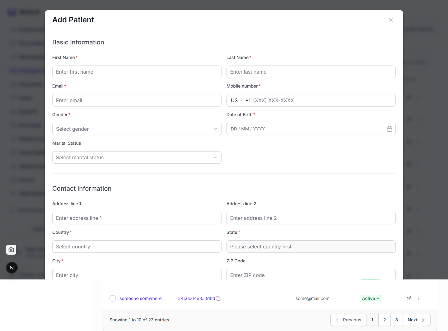 How do I add a new patient? — Step 2: The 'Add Patient' modal opens with a 'Basic Information' section (First Name*, Last Name*, Email*, Mobile number*, Gender*, Date of Birth*, Marital Status) followed by a 'Contact Information' section (Address line 1/2, Country*, State*, City*, ZIP Code, and more fields below the fold). Fill in the required (*) fields and use the modal's Confirm/Save button at the bottom to create the patient.