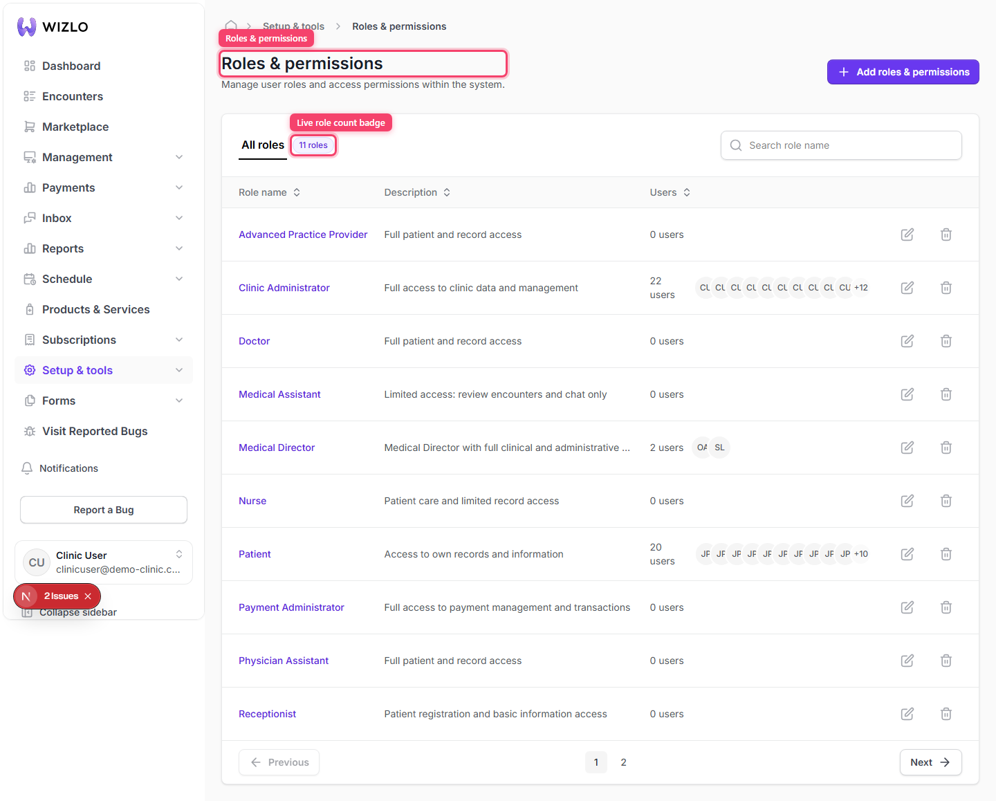 What roles exist in Wizlo? — Step 2: The page header reads 'Roles & permissions', and the 'All roles' tab shows a live count badge, e.g. 'N roles'.
