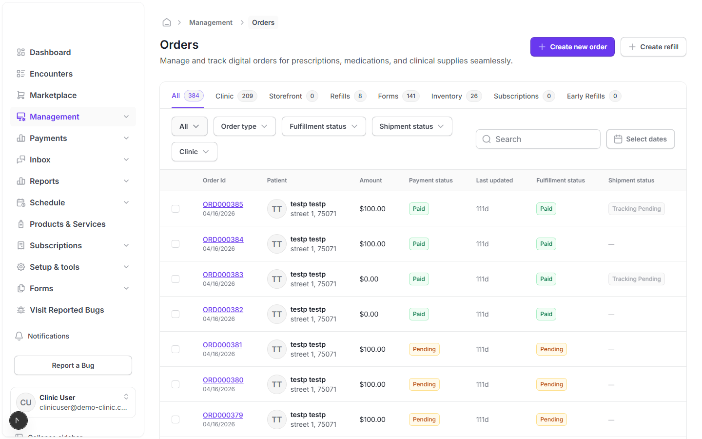 How do I handle lab orders? — Step 2: Choosing "Lab" filters the list to lab-type orders and adds ?itemType=lab to the URL.