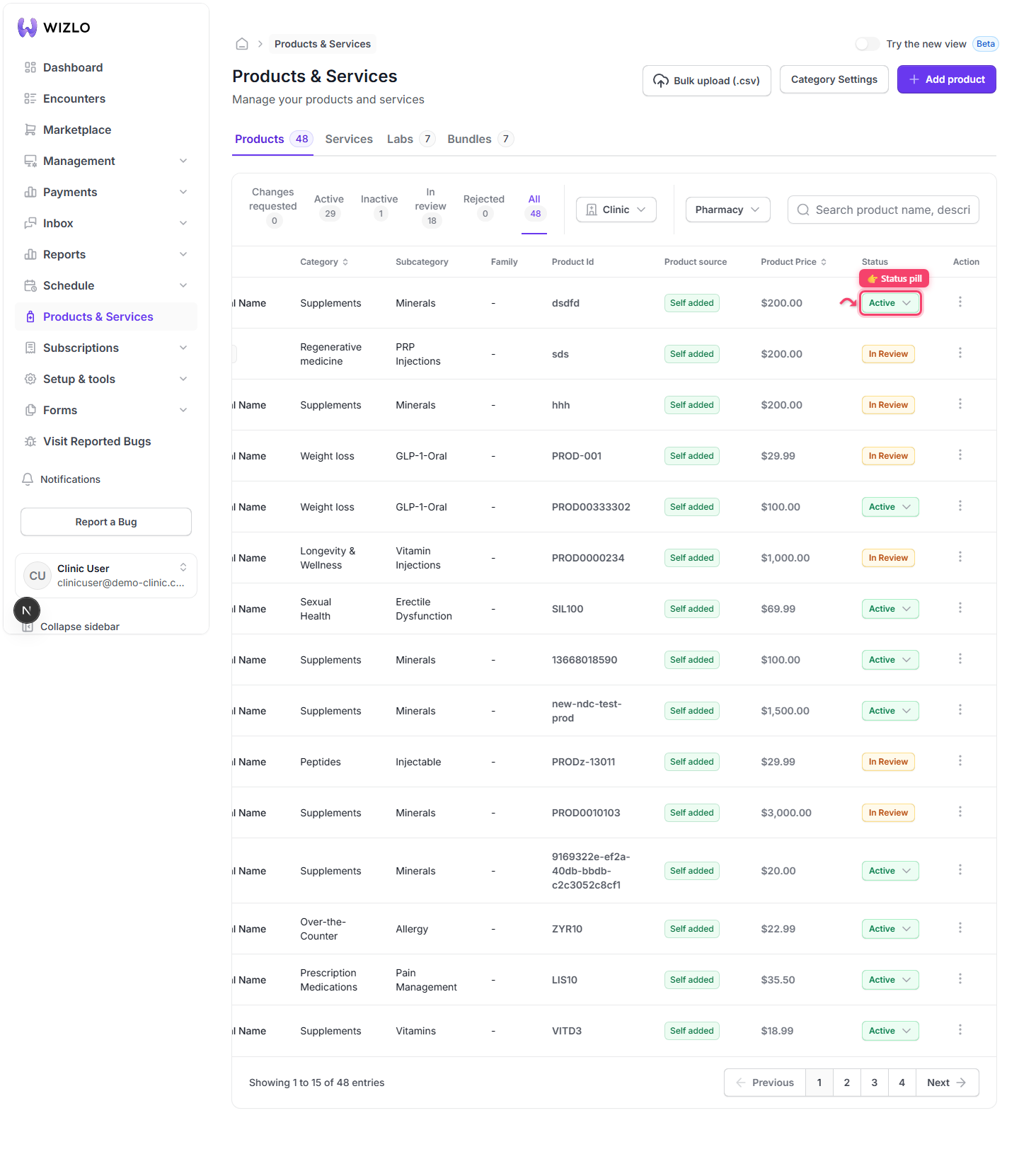 How do I change a product's status between Active and Inactive? — Step 2: Click the pill — it opens a small dropdown with 'Active' and 'Inactive' options. This dropdown only appears with edit permission, and not at all for 'In review', 'Changes requested', or 'Rejected' products (they show a fixed badge instead).