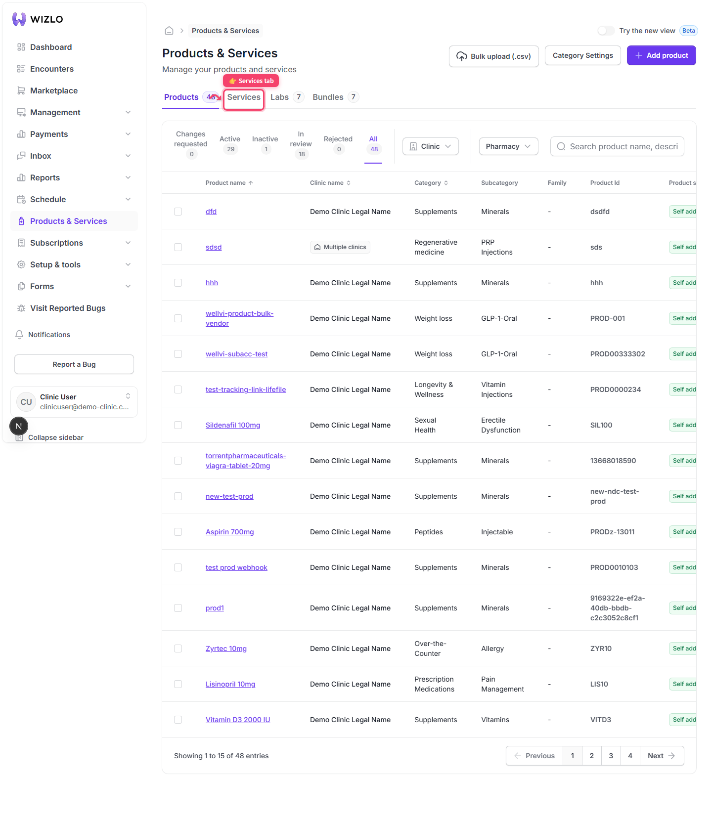 How do I switch between the Products, Services, Labs, and Bundles tabs? — Step 2: Click Services — the tab turns purple/underlined and the URL gains ?tab=services; search and page reset.