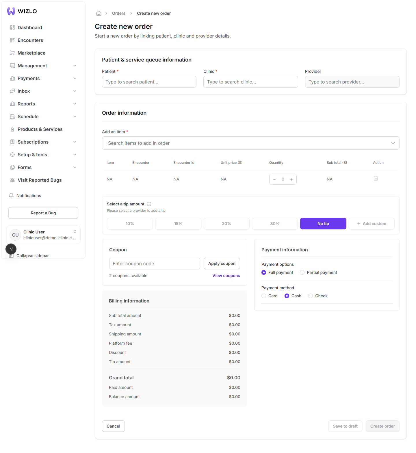 How do I handle lab orders? — Step 3: To place a new lab order: go to /management/orders/create, select a patient/clinic, and add a lab-type product (the form prevents mixing lab and non-lab products in the same order).