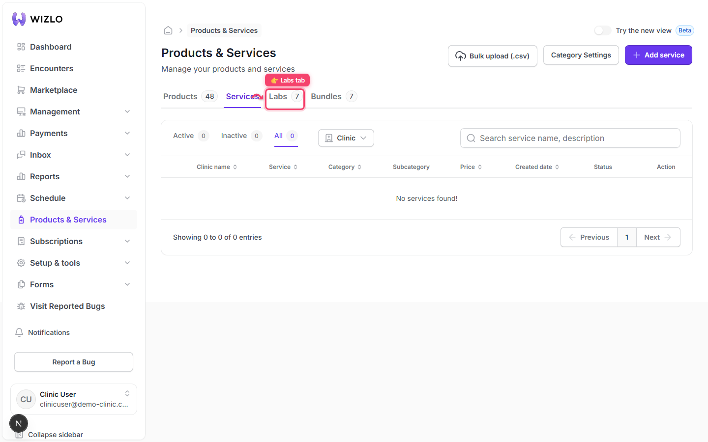 How do I switch between the Products, Services, Labs, and Bundles tabs? — Step 3: Click Labs — the URL becomes ?tab=labs.