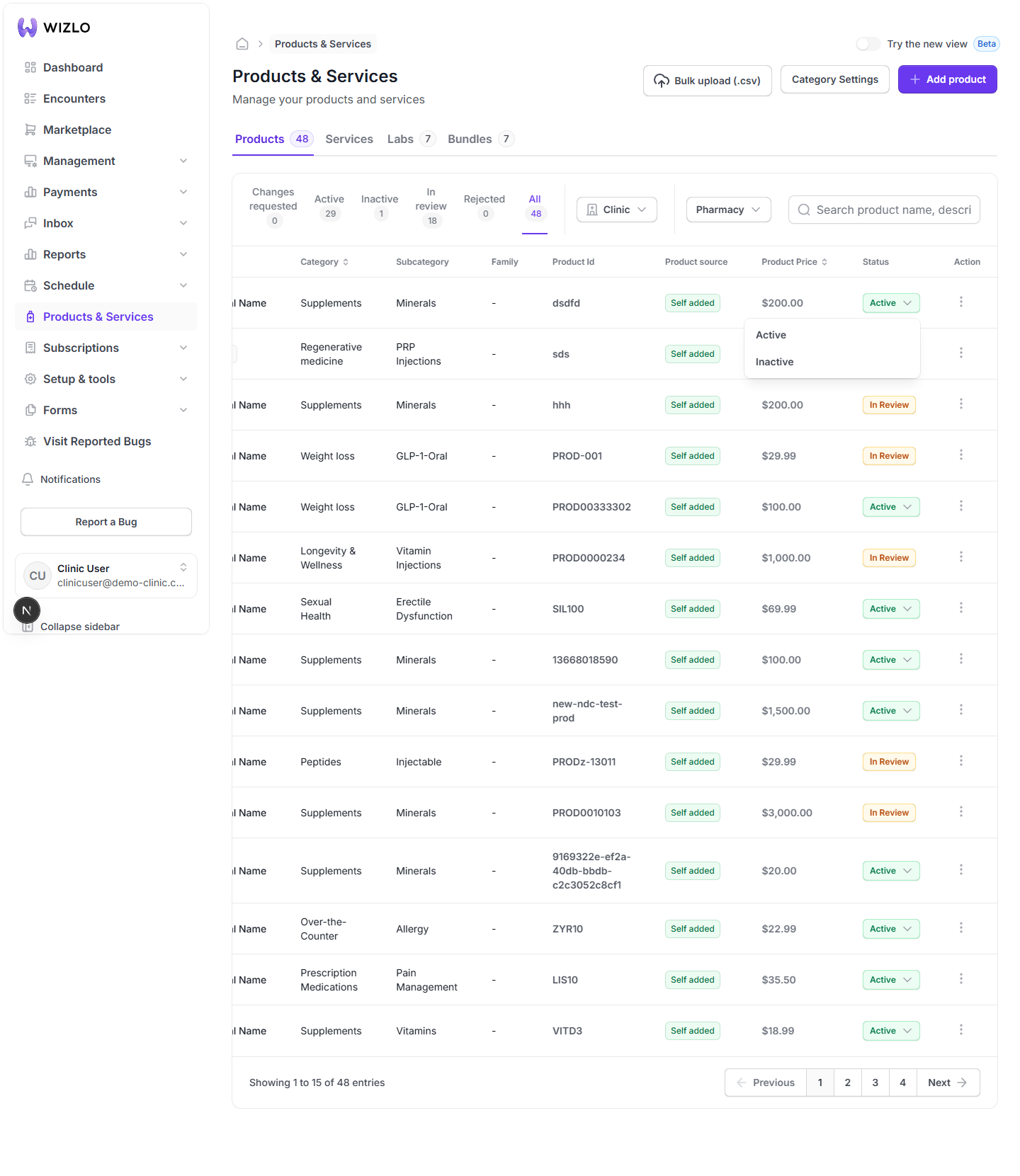 How do I change a product's status between Active and Inactive? — Step 3: Selecting the other option opens a confirmation dialog first — stop there without confirming.