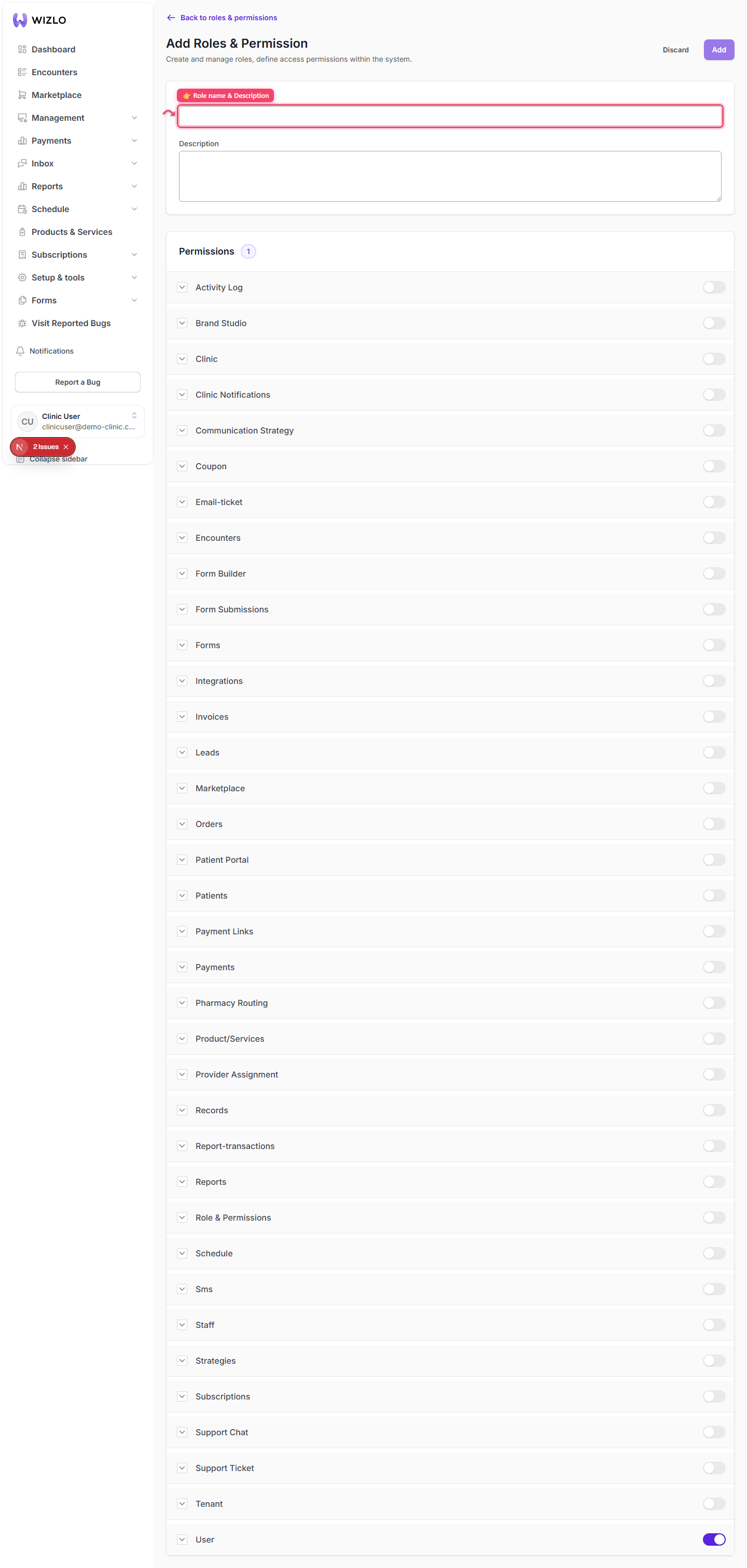 How do I create a new role? — Step 3: Enter a Role name (required, max 70 chars, must contain at least one letter) and an optional Description.