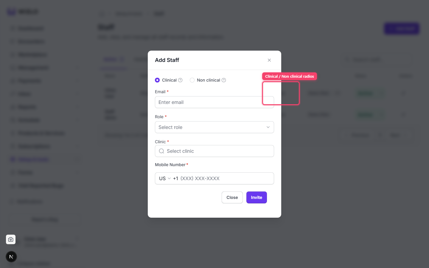 How do I add / invite a staff member? — Step 3: Choose 'Clinical' or 'Non clinical' via the radio buttons (each has a small (?) help icon next to it — that help icon is a bare TooltipTrigger with no accessible label, so it can only be described visually).