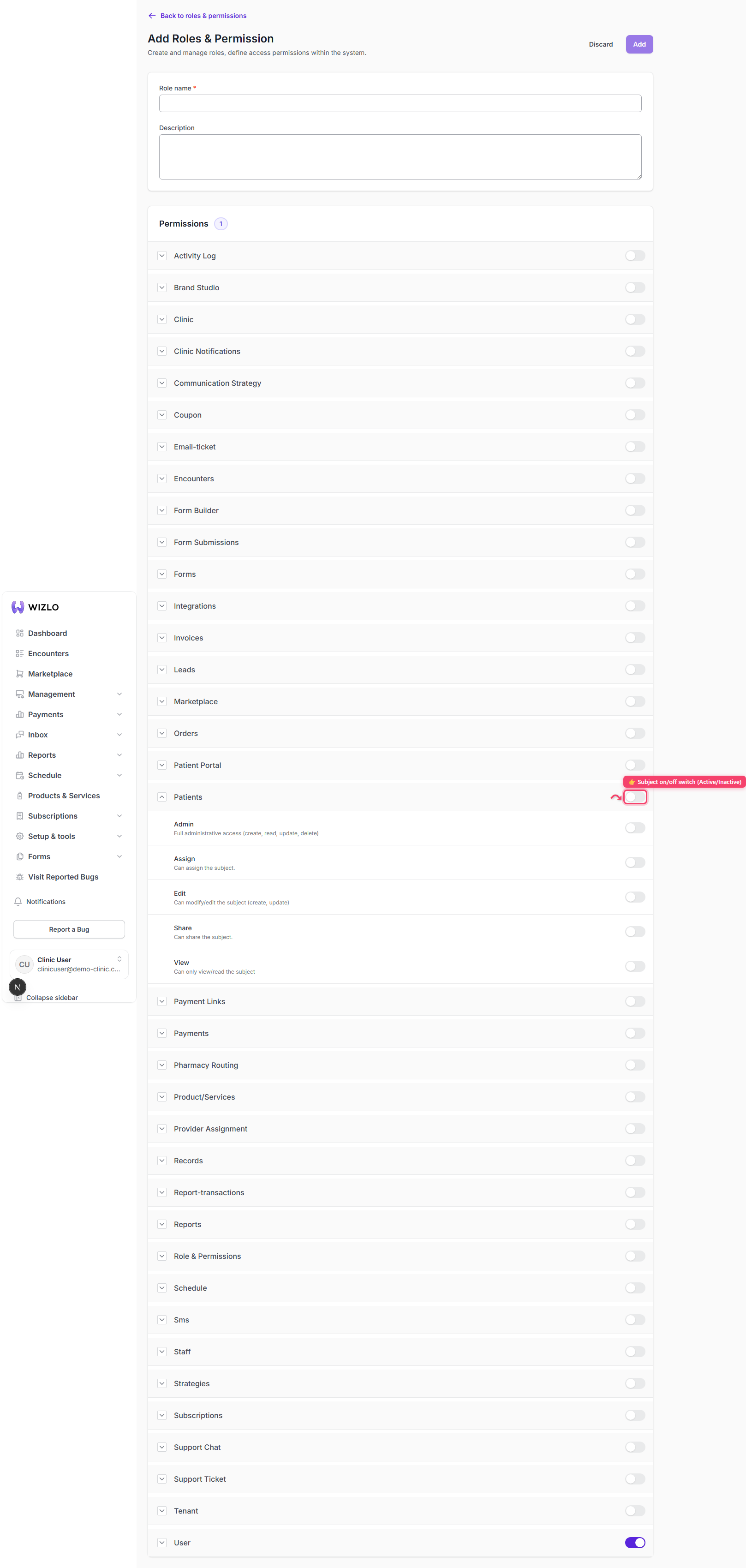 How do permissions work? — Step 3: Each subject-row also has its own on/off switch at the far right (hover shows 'Active' or 'Inactive') — flipping it turns every action under that subject on or off at once. This switch is rendered via this codebase's custom TooltipTrigger wrapper (`data-tooltip-trigger="true"` on the clickable element, no separate visible label) rather than a plain labeled button.