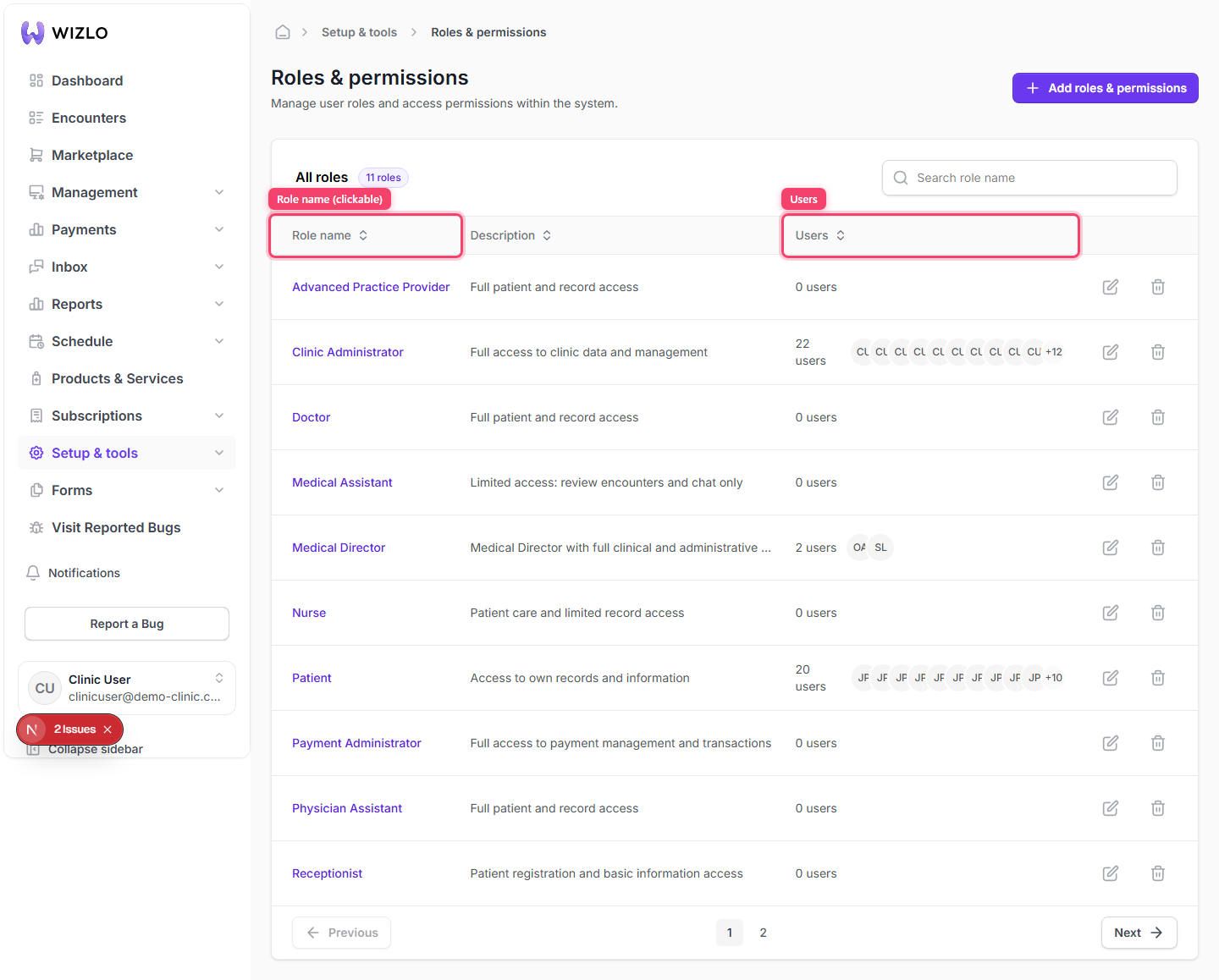 What roles exist in Wizlo? — Step 3: The table below lists every role that currently exists for the clinic: Role name (a clickable link that opens that role for editing), Description, and a Users column showing a stacked-avatar count.