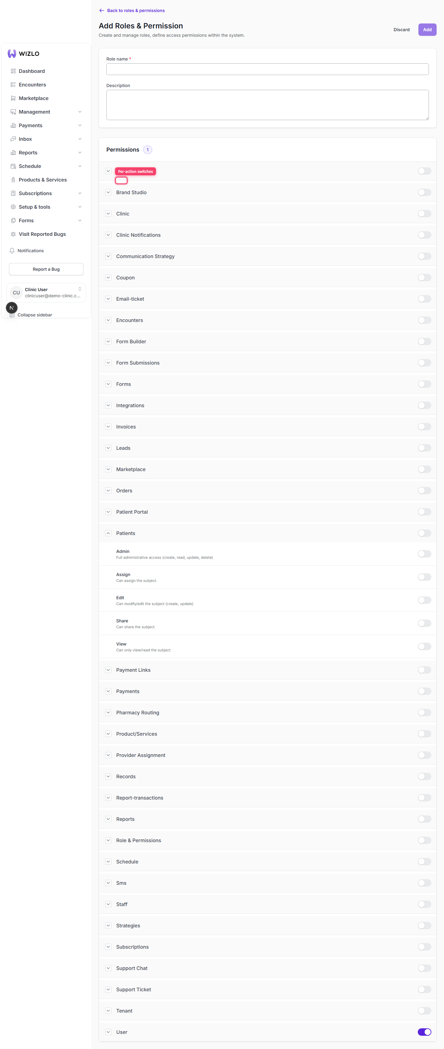How do permissions work? — Step 4: Inside an expanded subject, each action (e.g. View, Create, Edit, Delete, Admin) has its own switch with a description underneath.