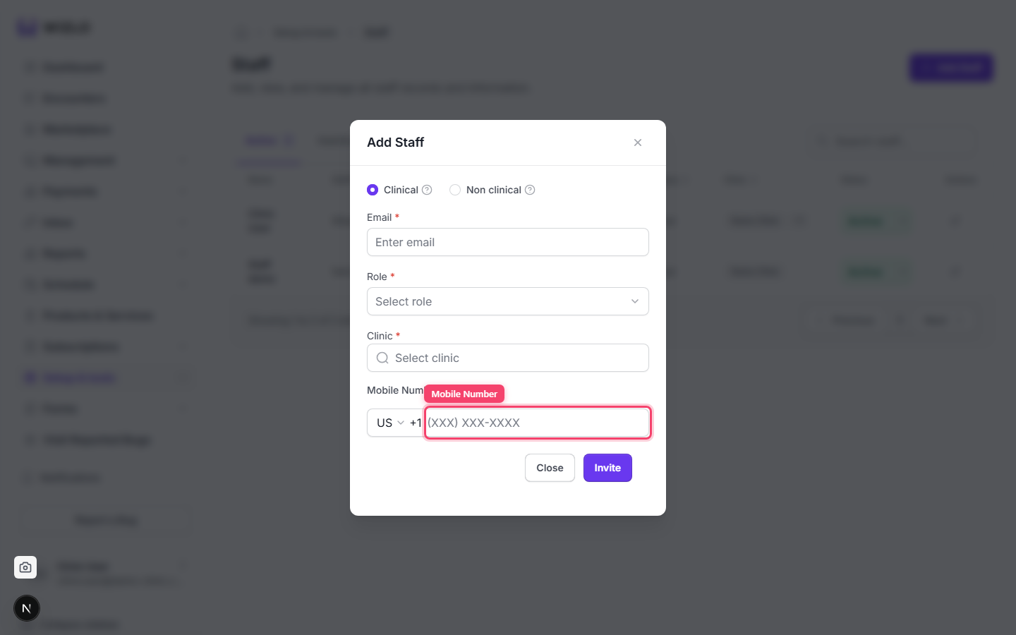 How do I add / invite a staff member? — Step 4: Fill in: Email (required, becomes locked once saved), Role (required dropdown — the list excludes any role literally named 'Patient'), Clinic (required multi-select; hidden entirely for provider-network tenants), and Mobile Number (required, with country-code picker).