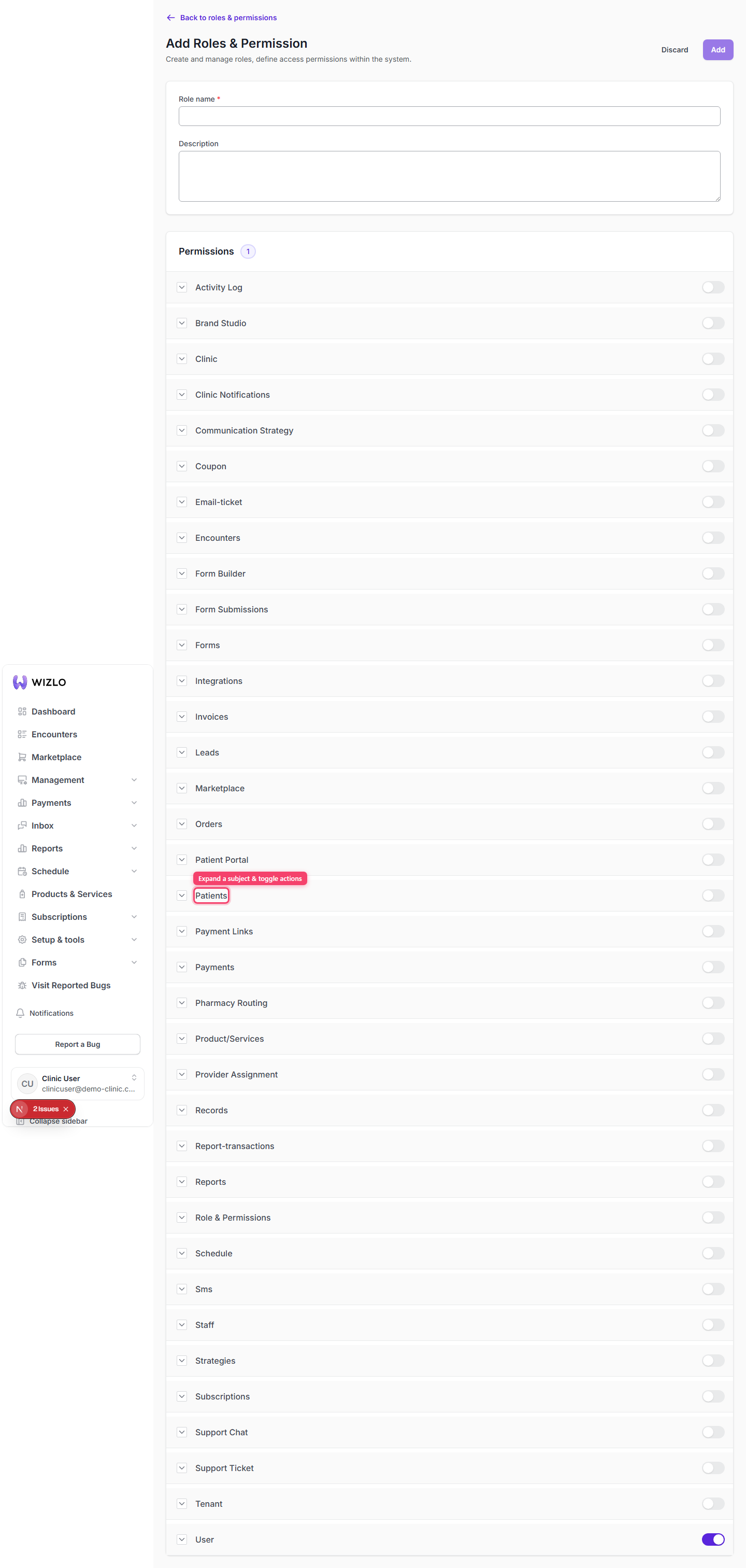 How do I create a new role? — Step 4: In the permissions list, expand each subject (Patients, Staff, Orders, Encounters, etc.) and toggle the actions the role should have.