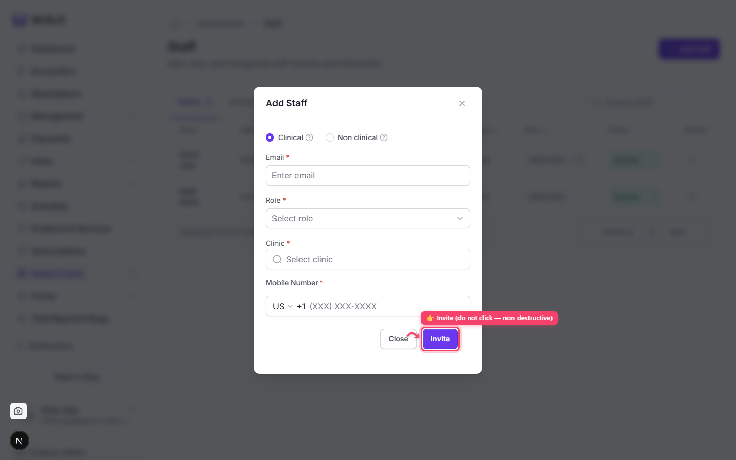 How do I add / invite a staff member? — Step 5: Click the primary 'Invite' button at the bottom (the other button is labeled 'Close', not 'Cancel') — don't actually click Invite when just walking through this. On success a 'Staff invited successfully!' toast appears and the person appears under the Invited tab.