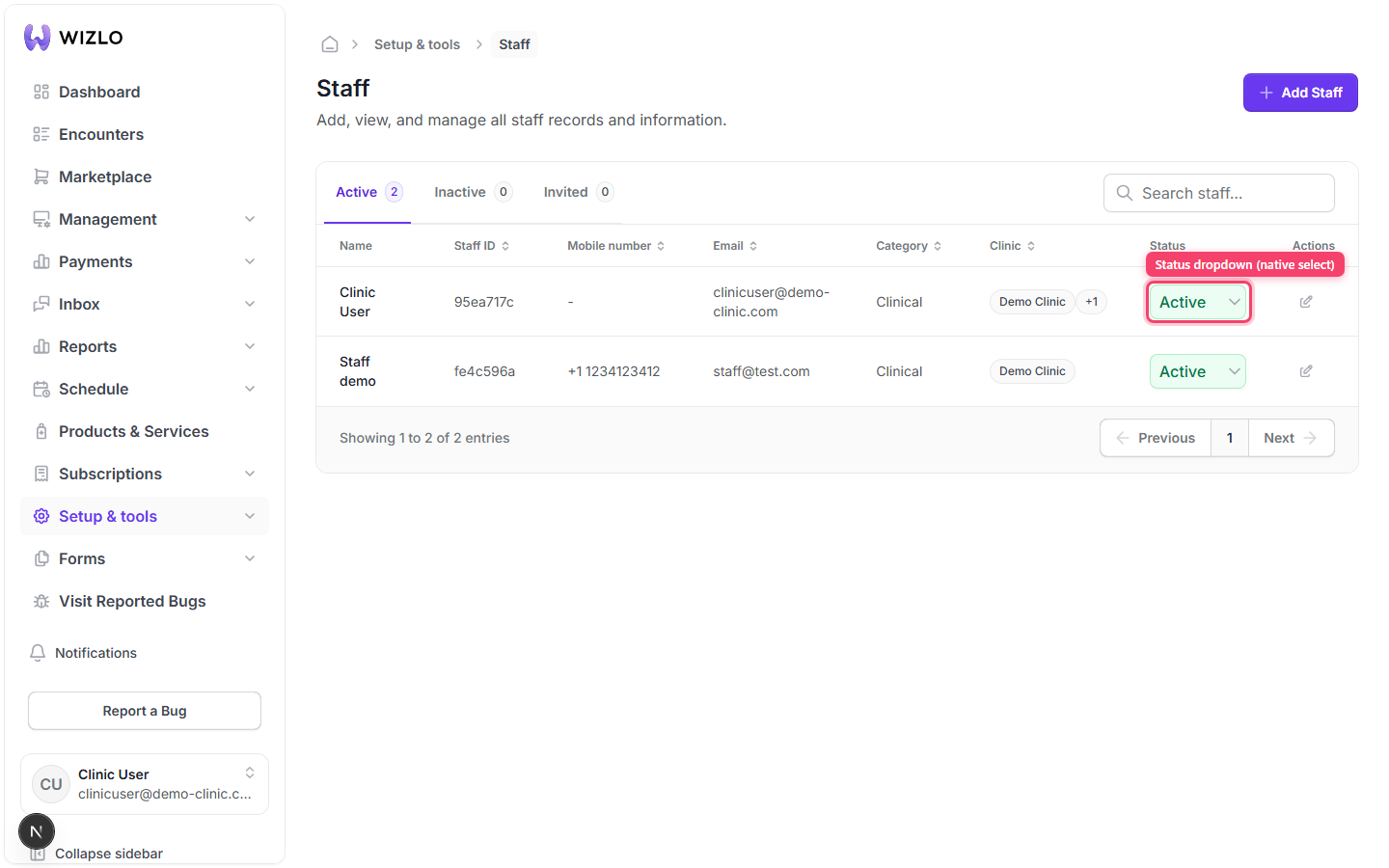 How do I resend an invite, deactivate, or delete a staff member? — Step 5: Deactivate / Activate: switch to the Active or Inactive tab. Each row's Status column is a small native dropdown (not a menu) showing the current state; opening it and selecting the other option (Deactivate on an Active row, Activate on an Inactive row) pops a confirmation dialog titled 'Deactivate Staff?' or 'Activate Staff?' before the change is applied.