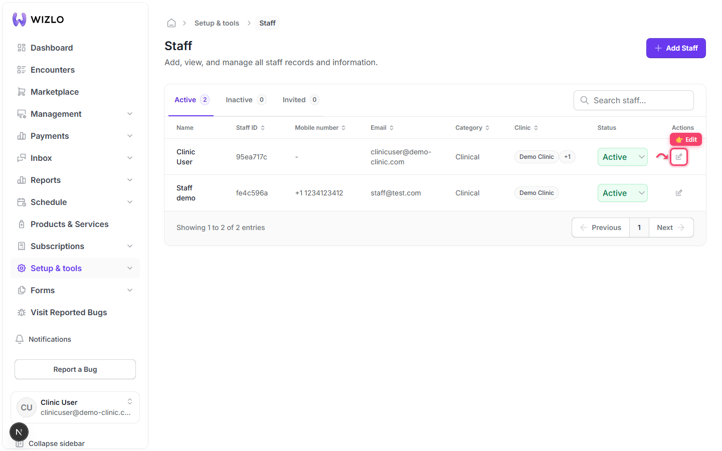 How do I resend an invite, deactivate, or delete a staff member? — Step 6: Edit: on the Active or Invited tab, click the pencil icon to reopen the same modal used for adding staff, but titled 'Edit Staff' with an 'Update' submit button instead of 'Invite' (the Email field is disabled/locked once it has a value). Note the Inactive tab shows no action icons at all, and only the Invited tab exposes Resend Invite / Delete.